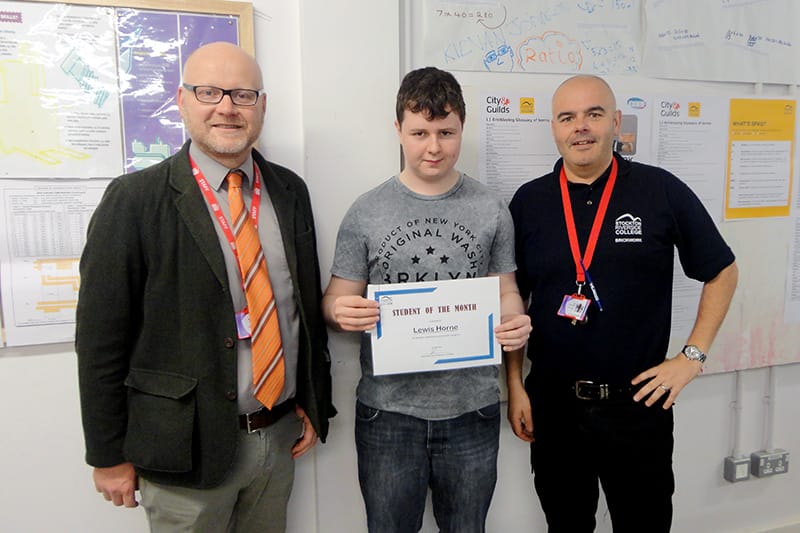 Michael Duffey: Head of Department for Construction, Engineering & Business (Left), Lewis Horne (centre) and John Cartwright: Programme Area Leader for Construction (Right)